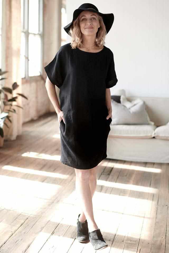 Black Euro Linen Pocket Dress with side pockets