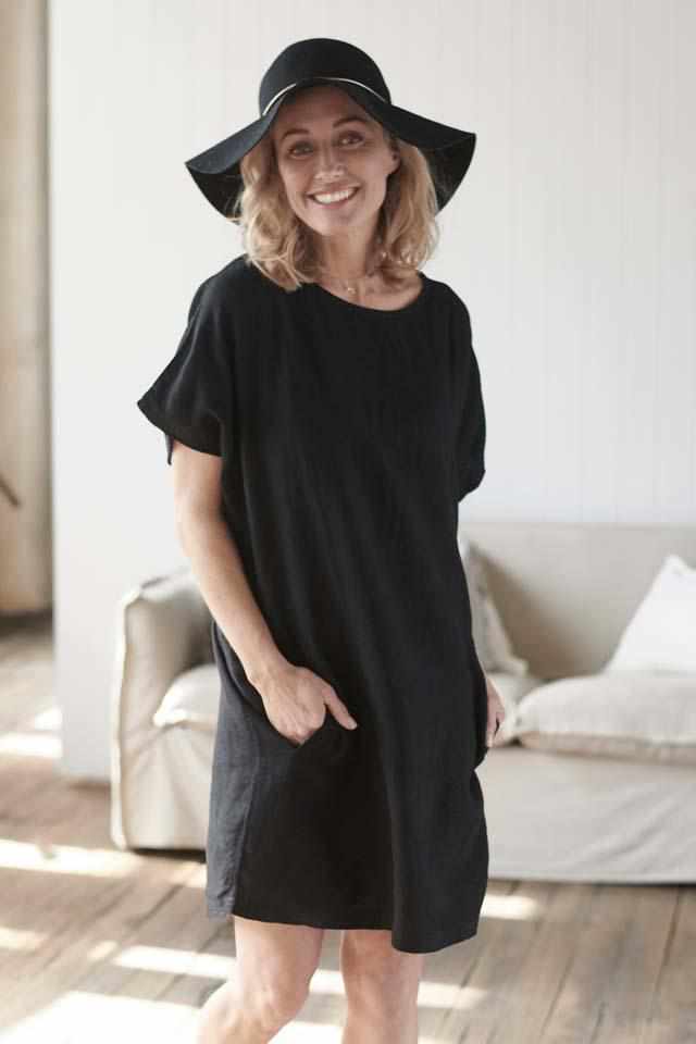 Black Euro Linen Pocket Dress with side pockets