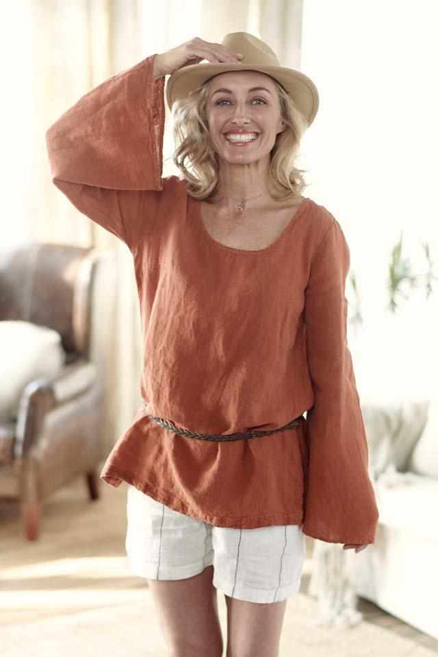 euro linen tobacco bell sleeve top with carter linen shorts and narrow leather belt
