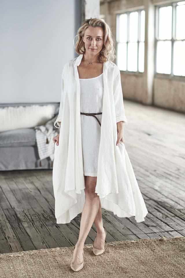 White Cascade Euro Linen Coat worn over the Linen Slip
