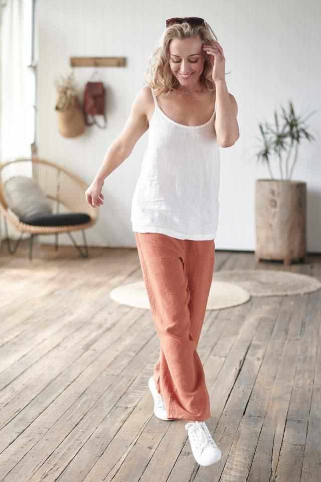 Euro Linen white cami top and Euro linen tobacco wide leg pant