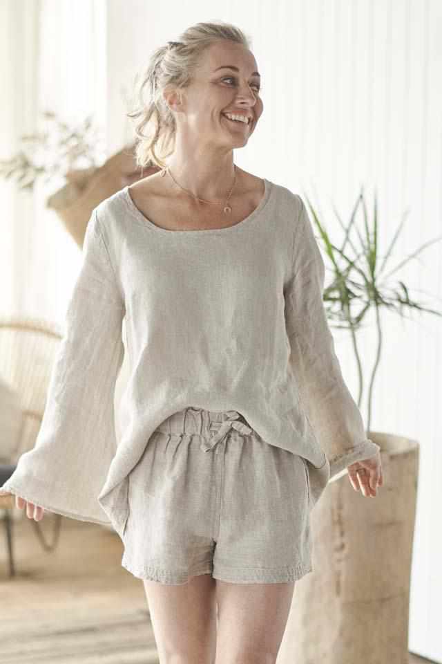 Natural Euro Linen Shorts and Natural Linen Bell Sleeve Top
