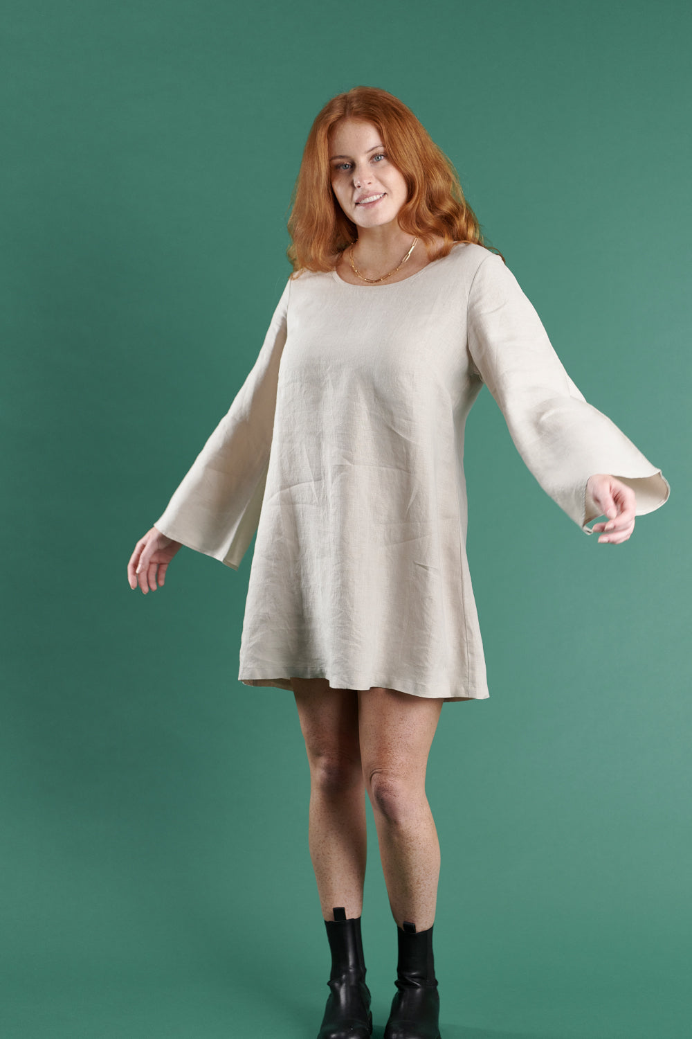 linen bell sleeve mini dress in natural