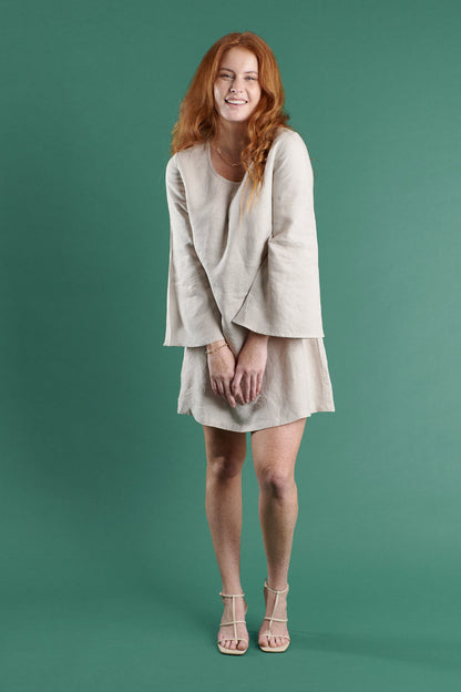 linen bell sleeve mini dress in natural
