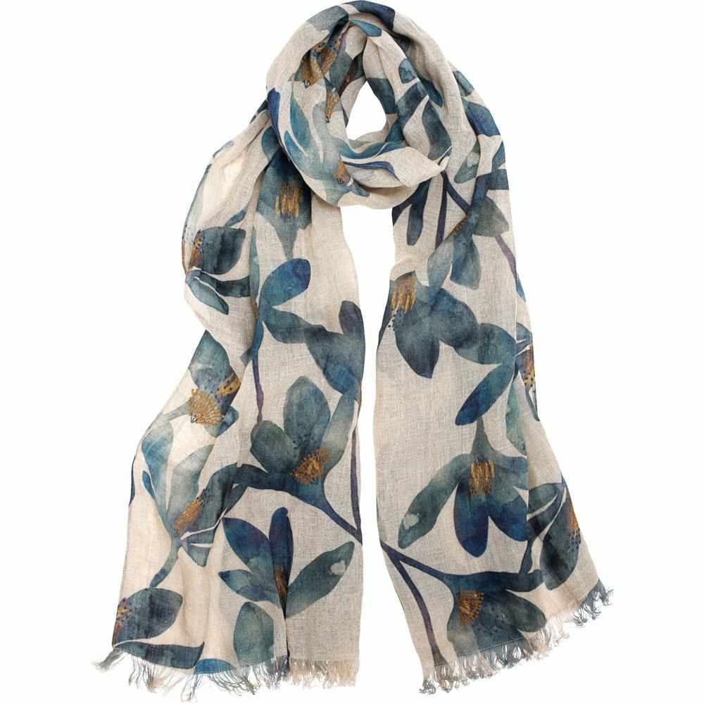 Gray Tulip Linen Scarf Blue Floral