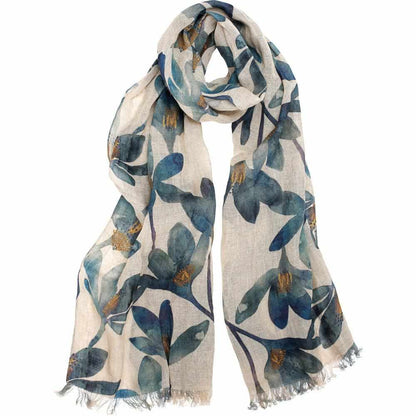Gray Tulip Linen Scarf Blue Floral
