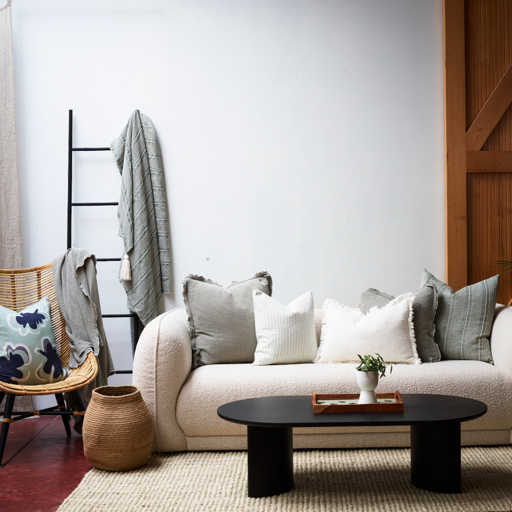 100% linen cushion in white and sea mist small leaf pattern repeat