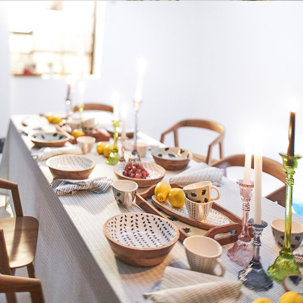 wooden platter with handle and sea mist leaf print 