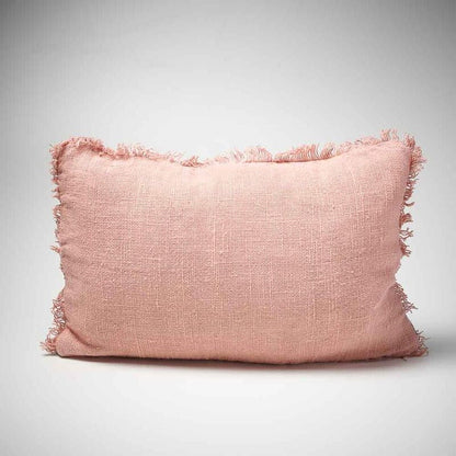hand woven linen cushion in musk pink with fringing
