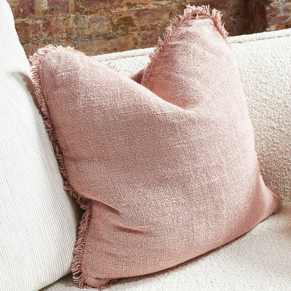 hand woven linen cushion in musk pink with fringing