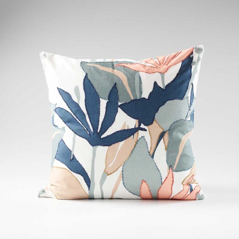 linen cushion with folral print navy, sea mist, natural, apricot white