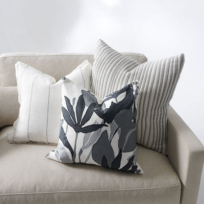 linen cushion with folral print in black, grey and white