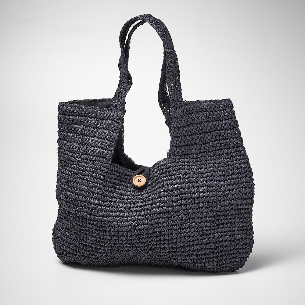 beach bag with button enclosure and cotton lining black