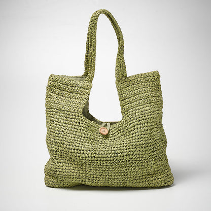 beach bag with button enclosure and cotton lining green
