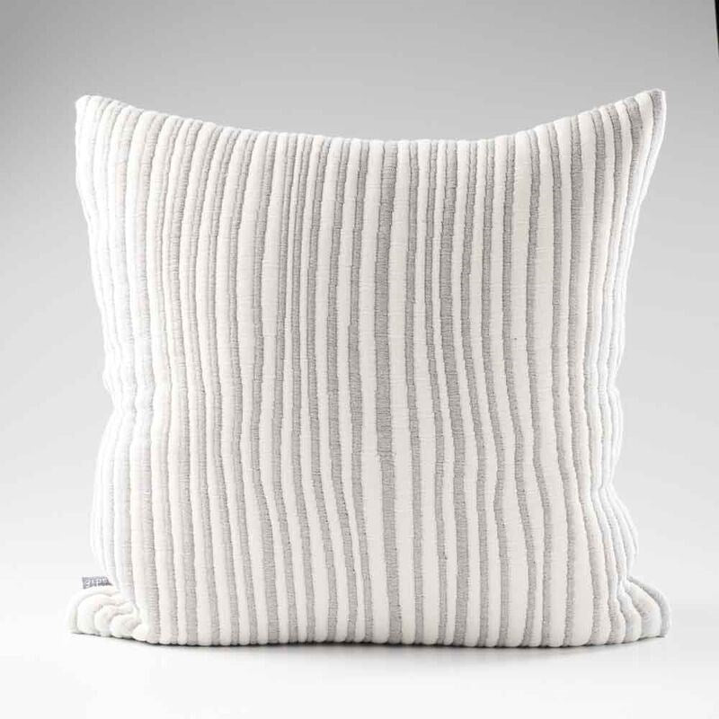 slate and white stripped cushion in a soft ribbed material