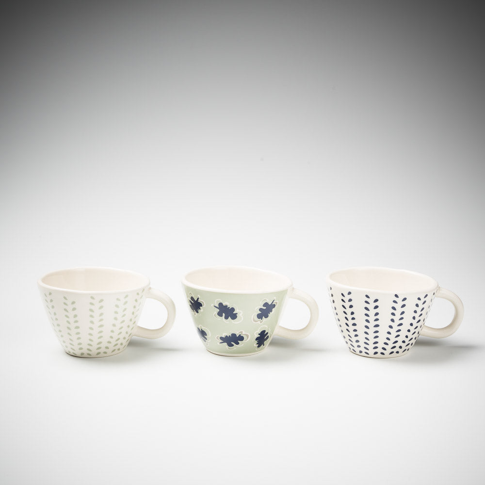 set of three mugs in navy and sea mist prints