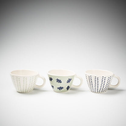 set of three mugs in navy and sea mist prints