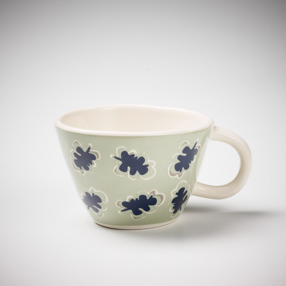 set of three mugs in navy and sea mist prints