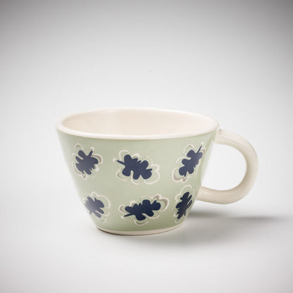 set of three mugs in navy and sea mist prints