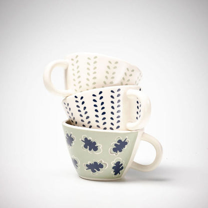 set of three mugs in navy and sea mist prints