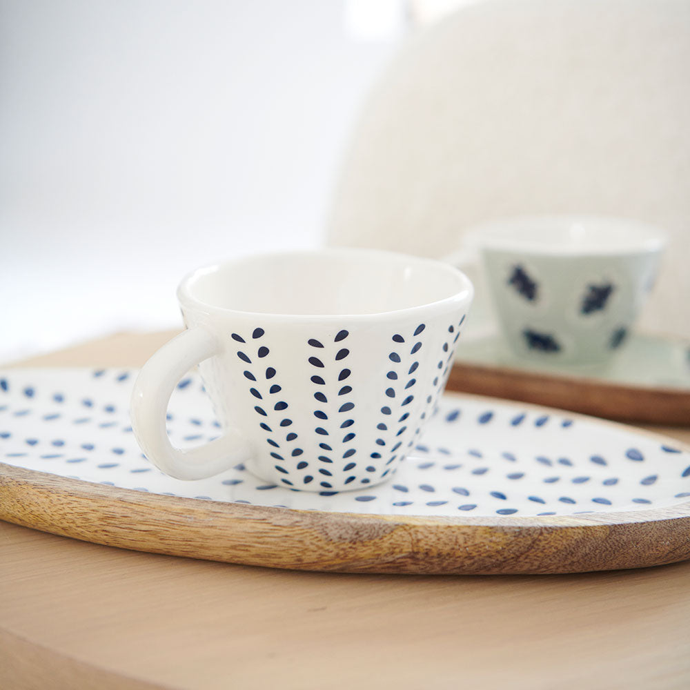 set of three mugs in navy and sea mist prints