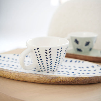 set of three mugs in navy and sea mist prints