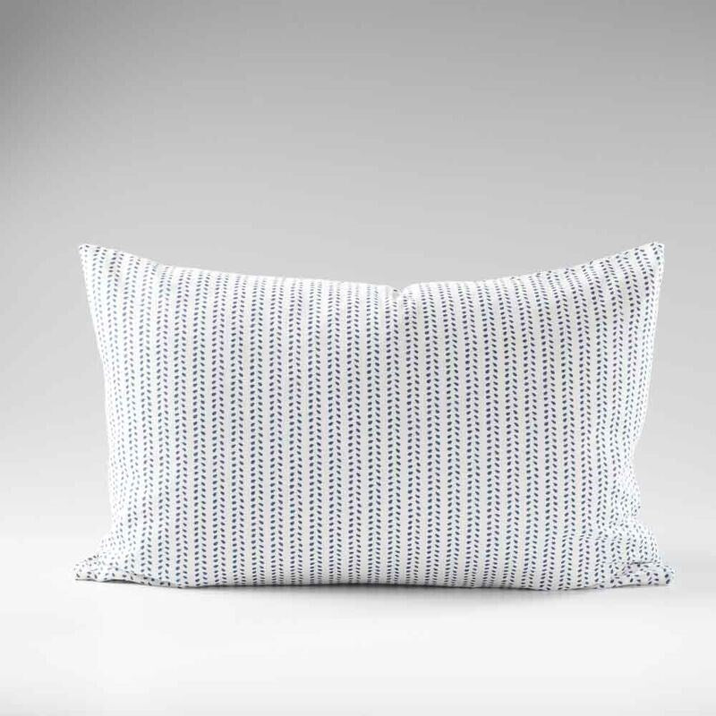 100% linen cushion in white and navy small leaf pattern repeat