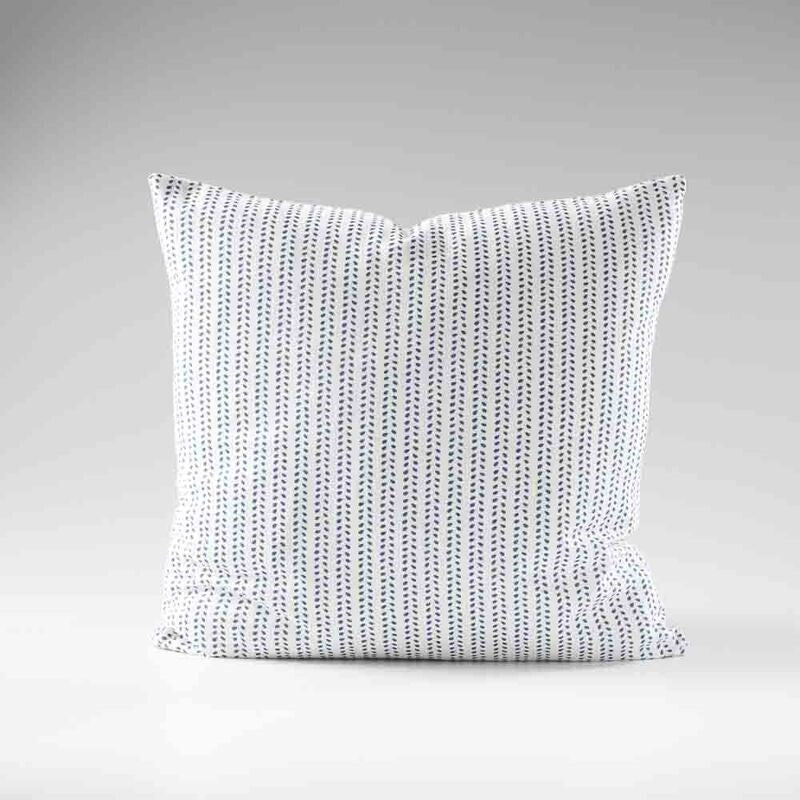 100% linen cushion in white and navy small leaf pattern repeat