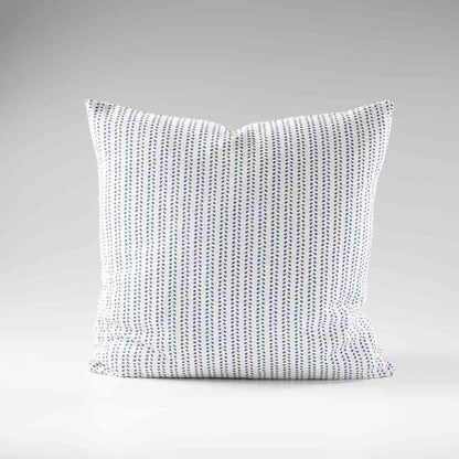 100% linen cushion in white and navy small leaf pattern repeat
