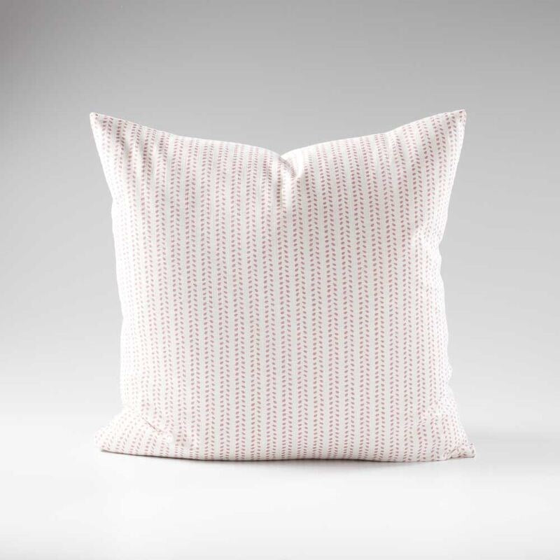 100% linen cushion in white and pink small leaf pattern repeat