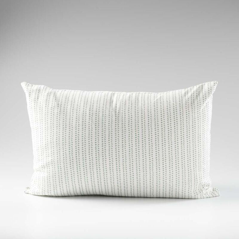 100% linen cushion in white and sea mist small leaf pattern repeat