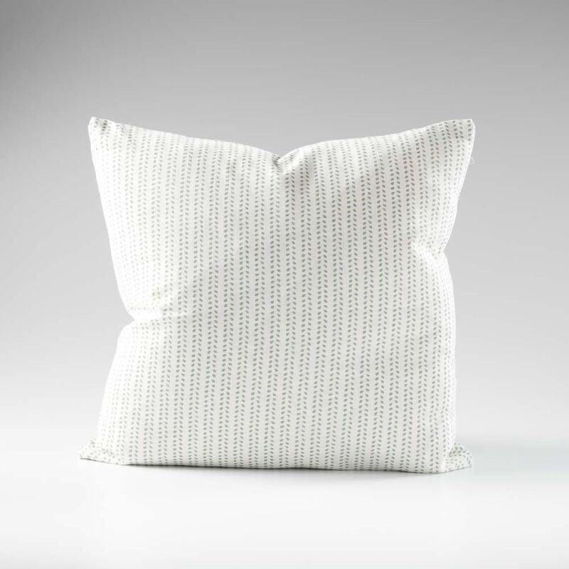 100% linen cushion in white and sea mist small leaf pattern repeat