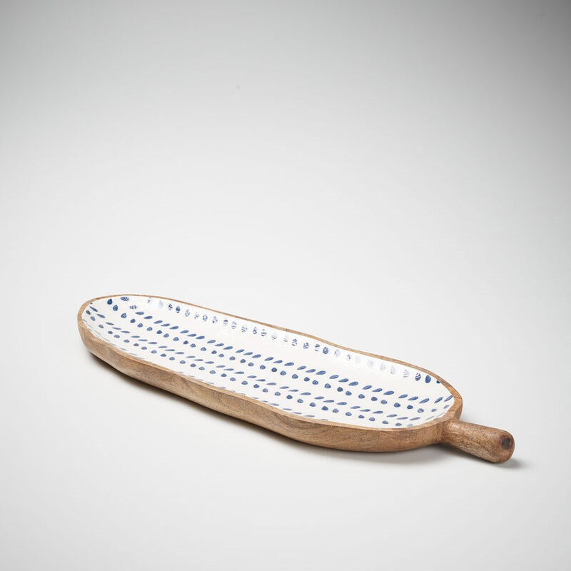 wooden long tray with one handle feature in navy leaf print