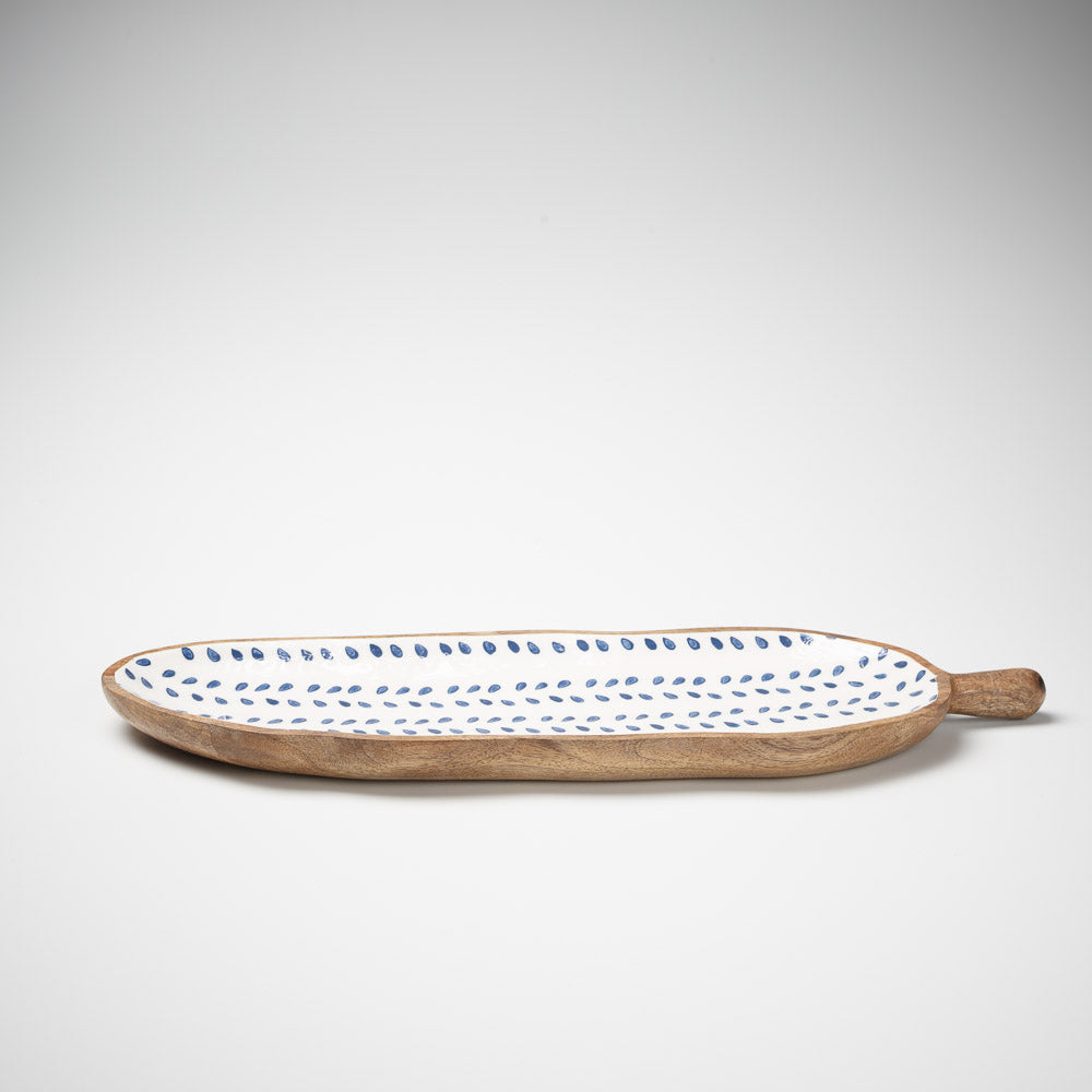 wooden long tray with one handle feature in navy leaf print