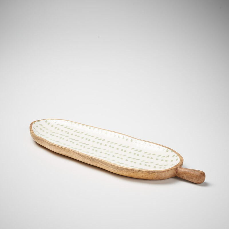 wooden platter with handle and sea mist leaf print 