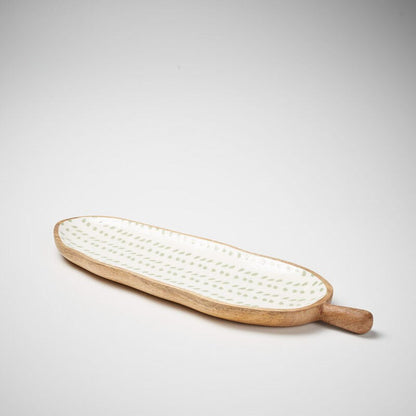 wooden platter with handle and sea mist leaf print 