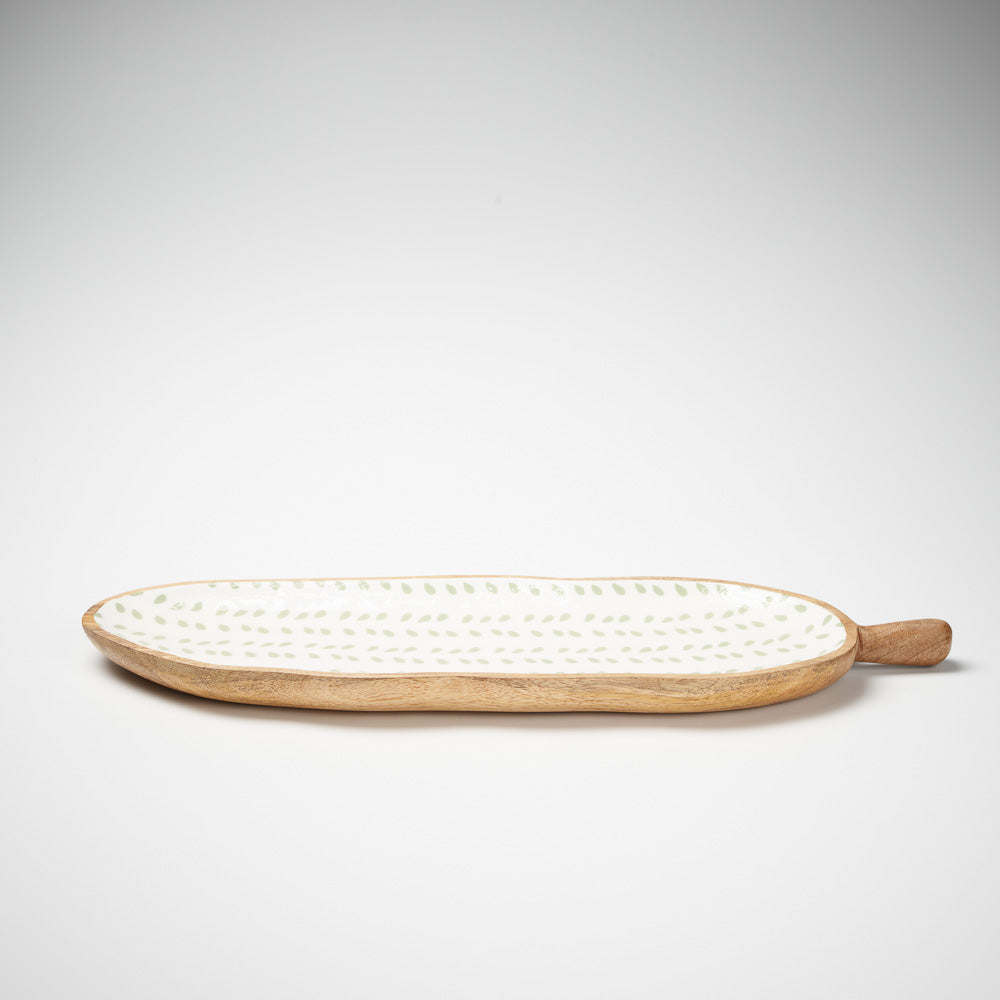 wooden platter with handle and sea mist leaf print 