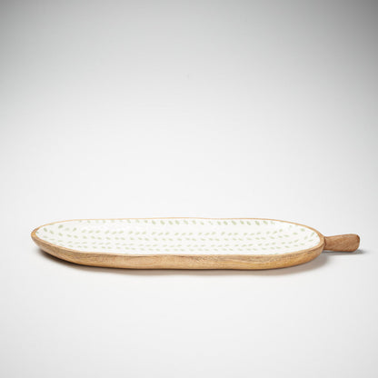 wooden platter with handle and sea mist leaf print 