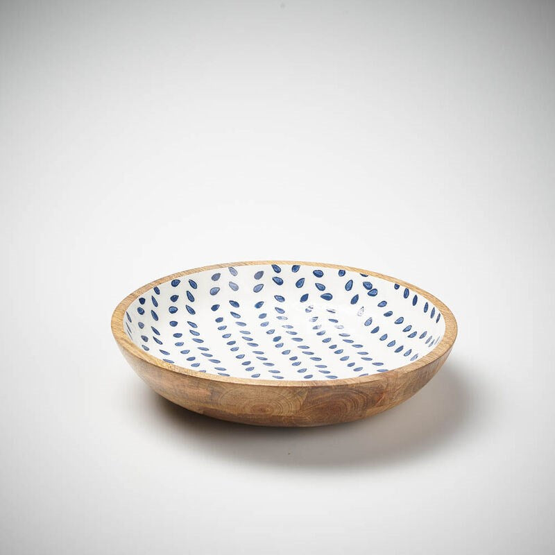 wooden shallow bowl with navy leaf print