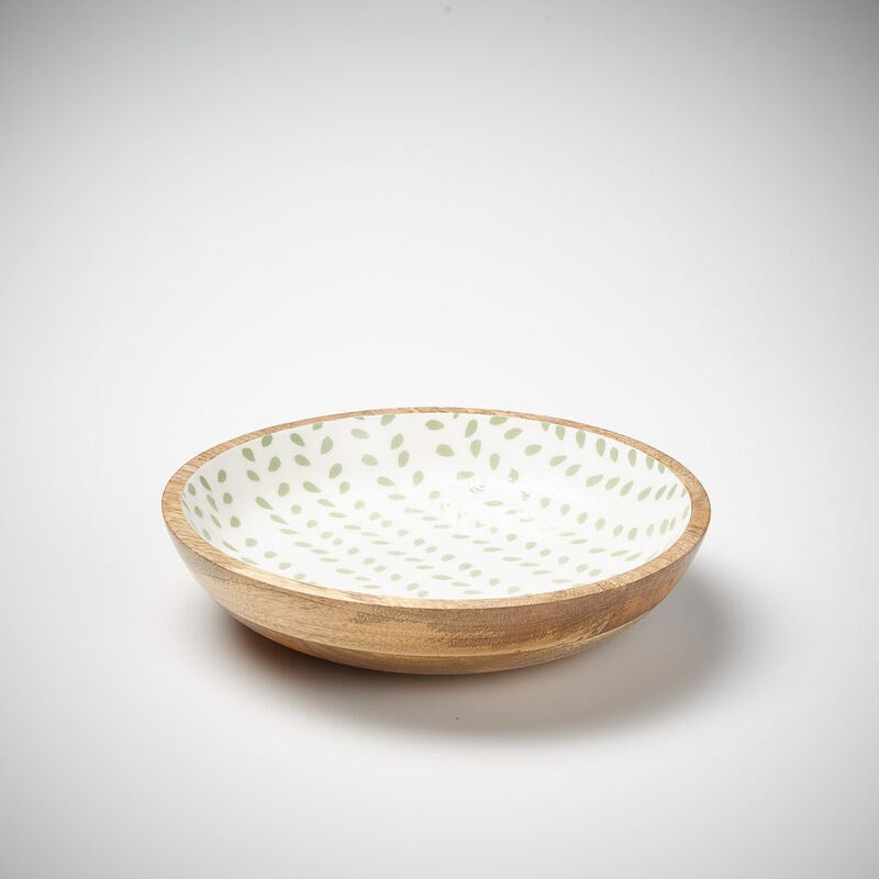 wooden shallow bowl in sea mist leaf print