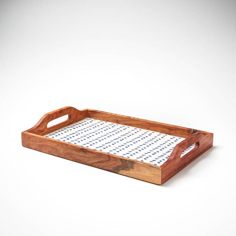 wooden tray with handles and navy leaf print