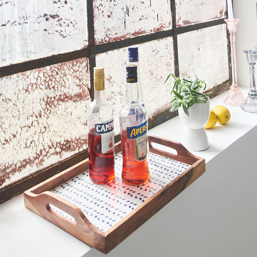 wooden tray with handles and navy leaf print