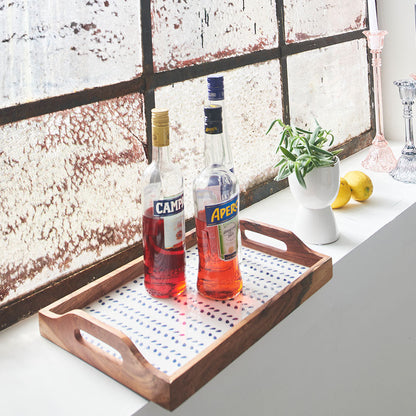 wooden tray with handles and navy leaf print