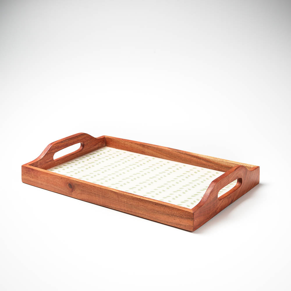 wooden tray with handles and sea mist leaf print