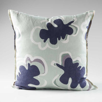 100% linen cushion in a sea mist and navy leaf abstract pattern and a contrast stitch feature
