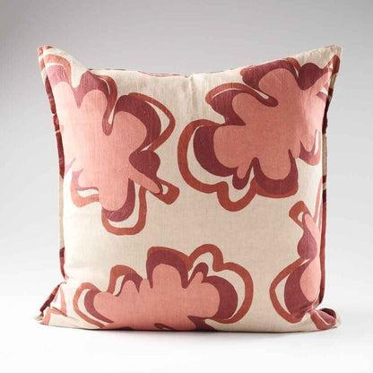 pink, maroon and natural fun patterned linen cushion with contrast stitching feature