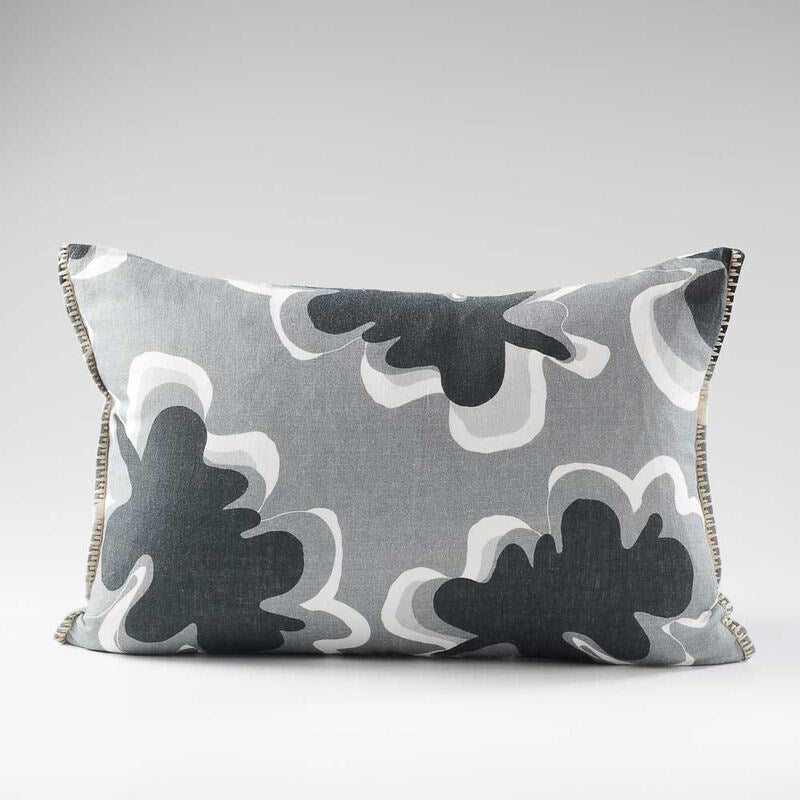 black, grey and white fun patterned linen cushion with contrast stitching feature