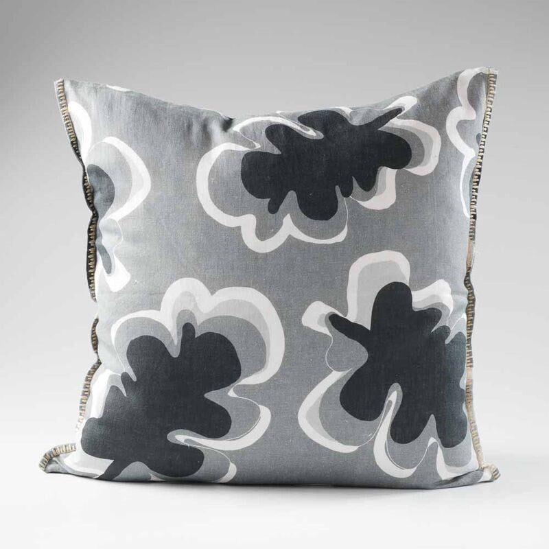 black, grey and white fun patterned linen cushion with contrast stitching feature