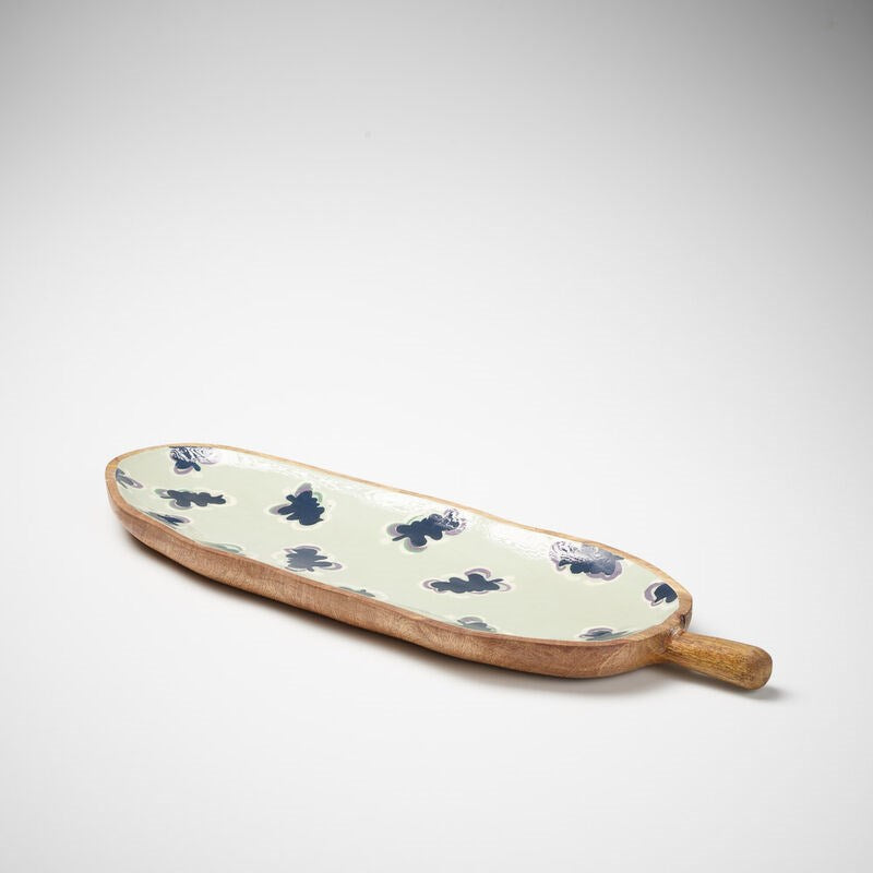wooden long tray with one handle feature in navy and sea mist gidget print
