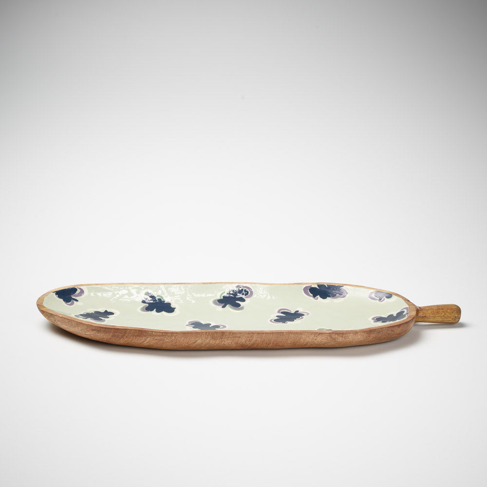 wooden long tray with one handle feature in navy and sea mist gidget print